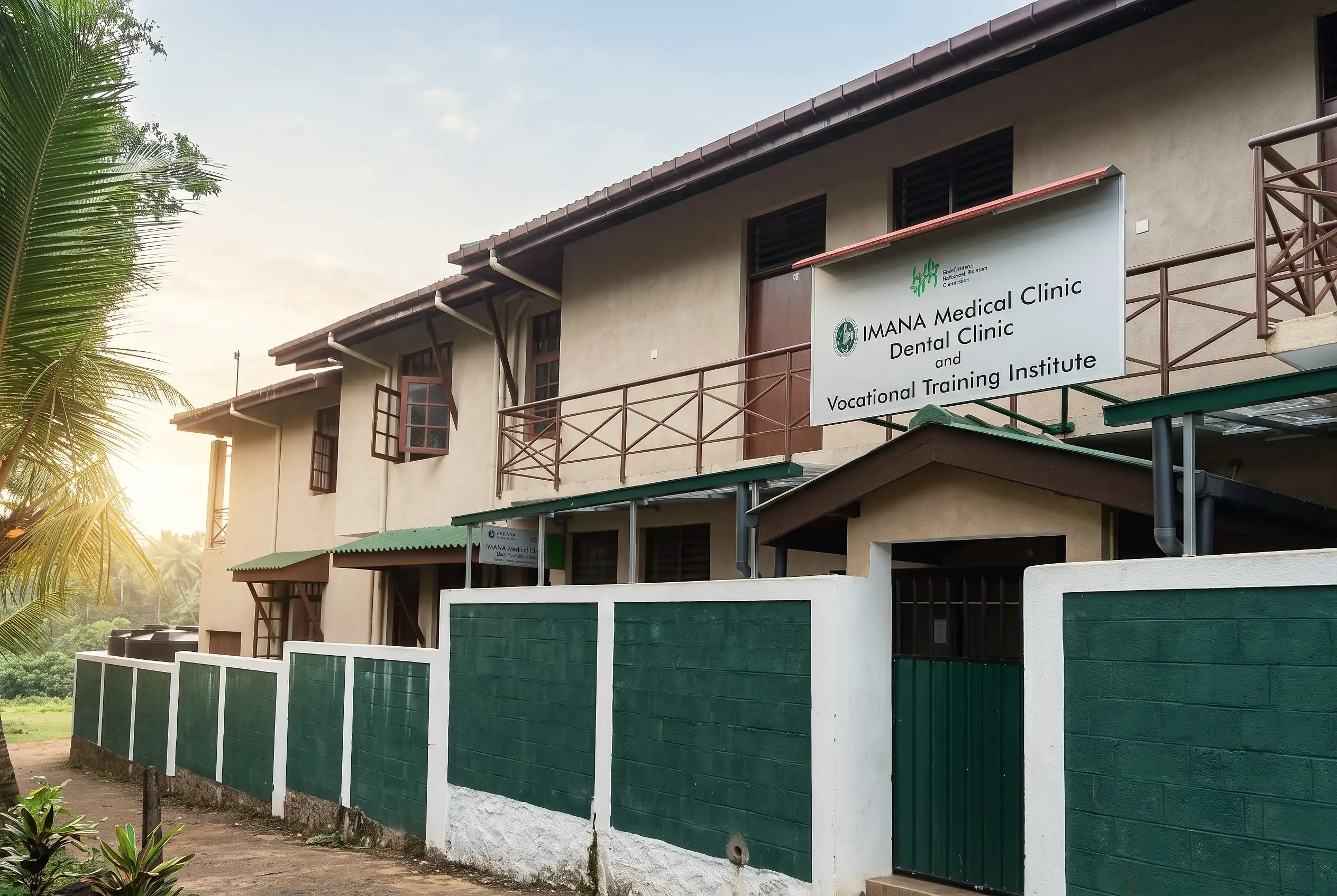 The building of the IMANA Medical Clinic, Dental Clinic and Vocational Training Institute, seen from the lane