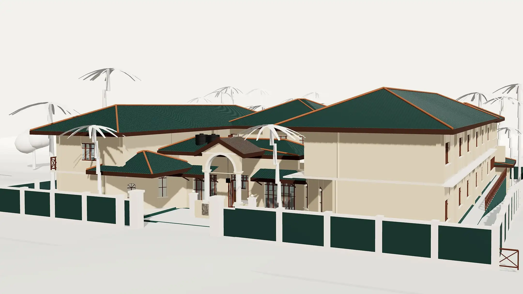 A 3D model of Give Light Home seen from the front, with its green roofs and compound wall