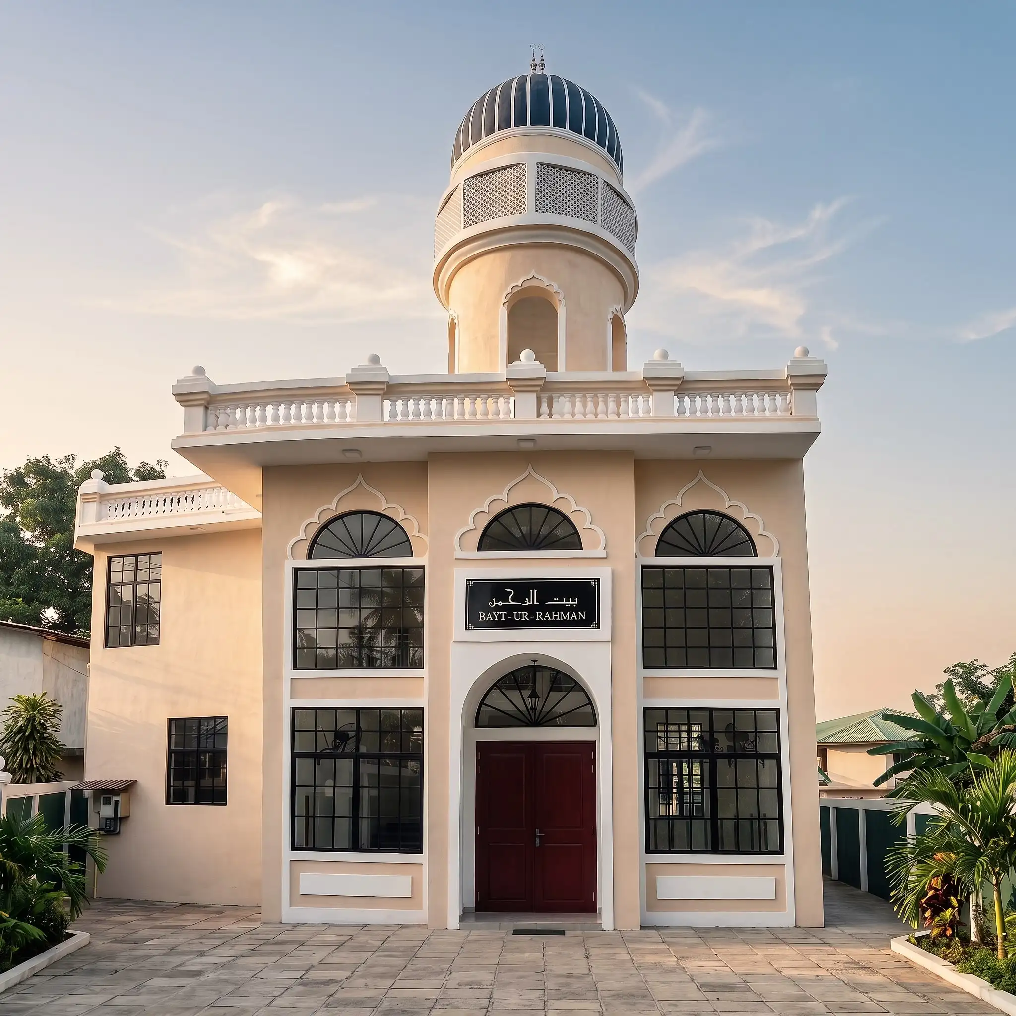 The front entrance and minaret of Bayt Ur-Rahman Mosque