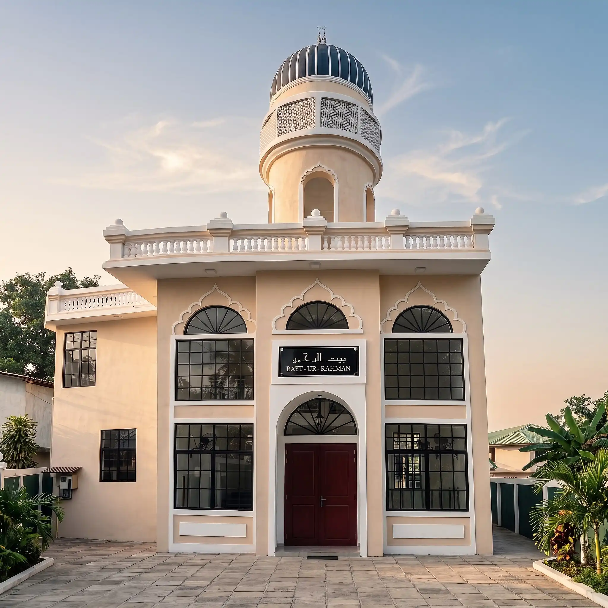 The front entrance and minaret of Bayt Ur-Rahman Mosque